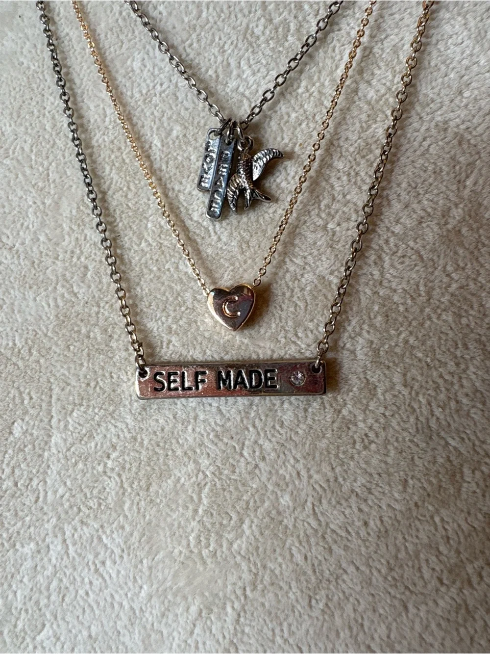 Layered Dainty Necklace Set Self Made Heart Bird Charm Bundle of 3